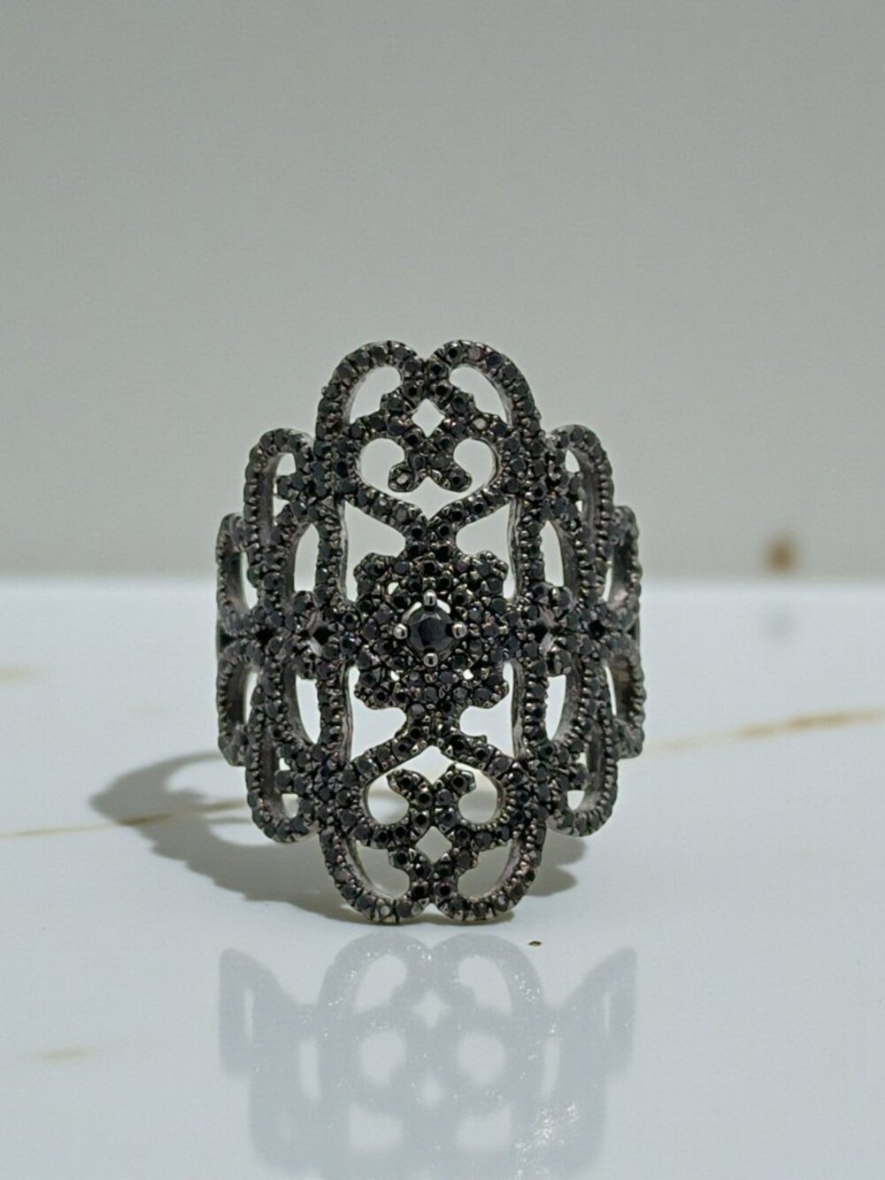 Black Spinel Filigree Ring in Blackened 925 Sterling Silver